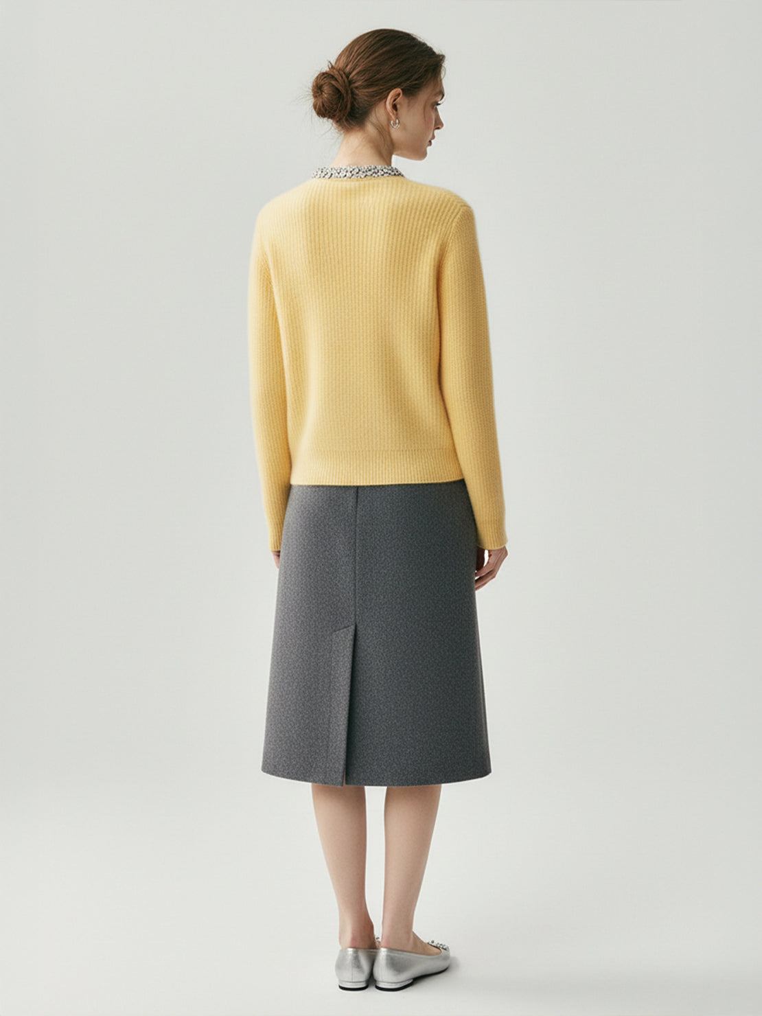 100% Alashan cashmere diamond-collar cardigan with crystal buttons and fine ribbed knit