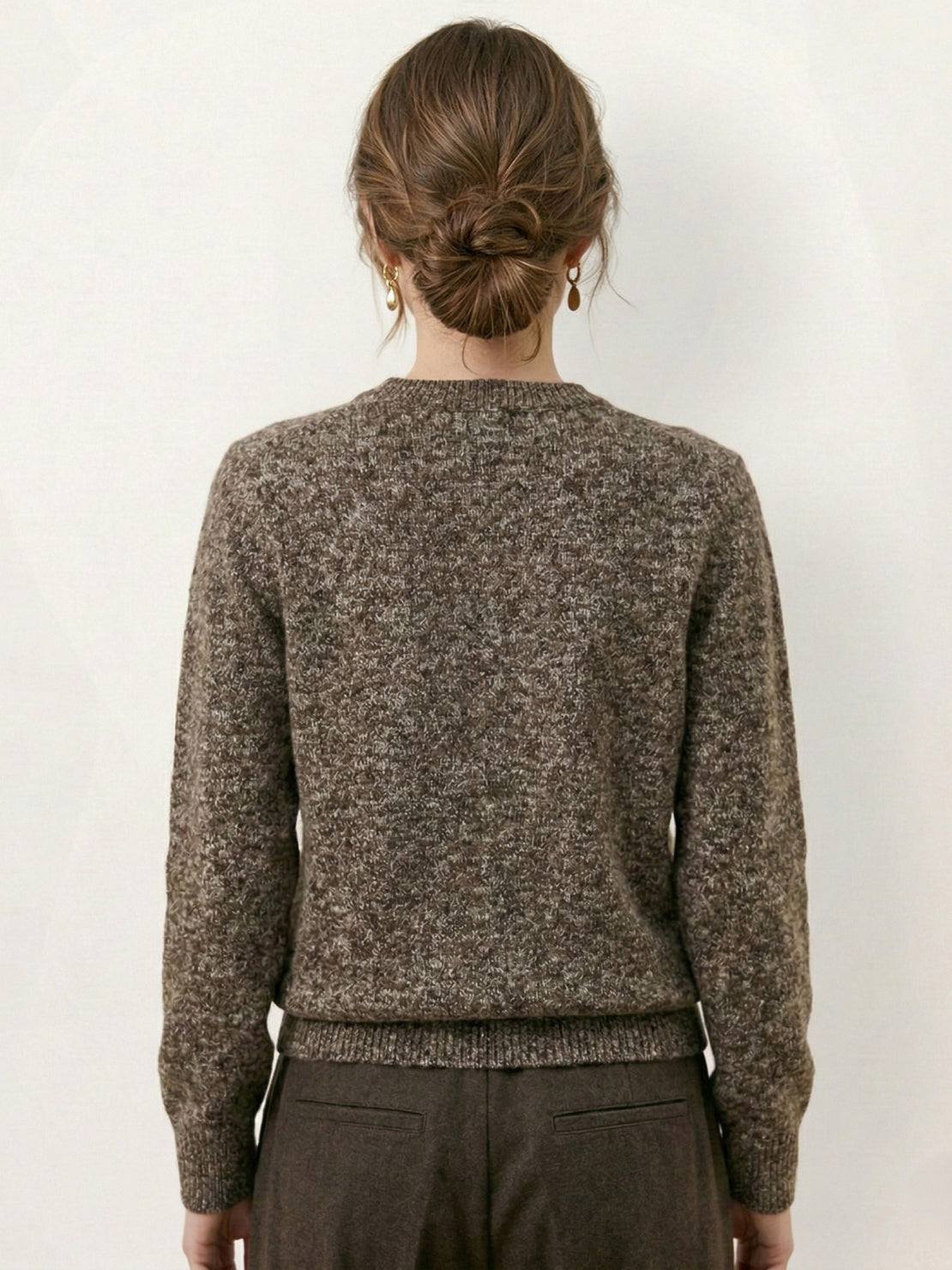 Marled knit merino wool cardigan with dark buttons and ribbed cuffs