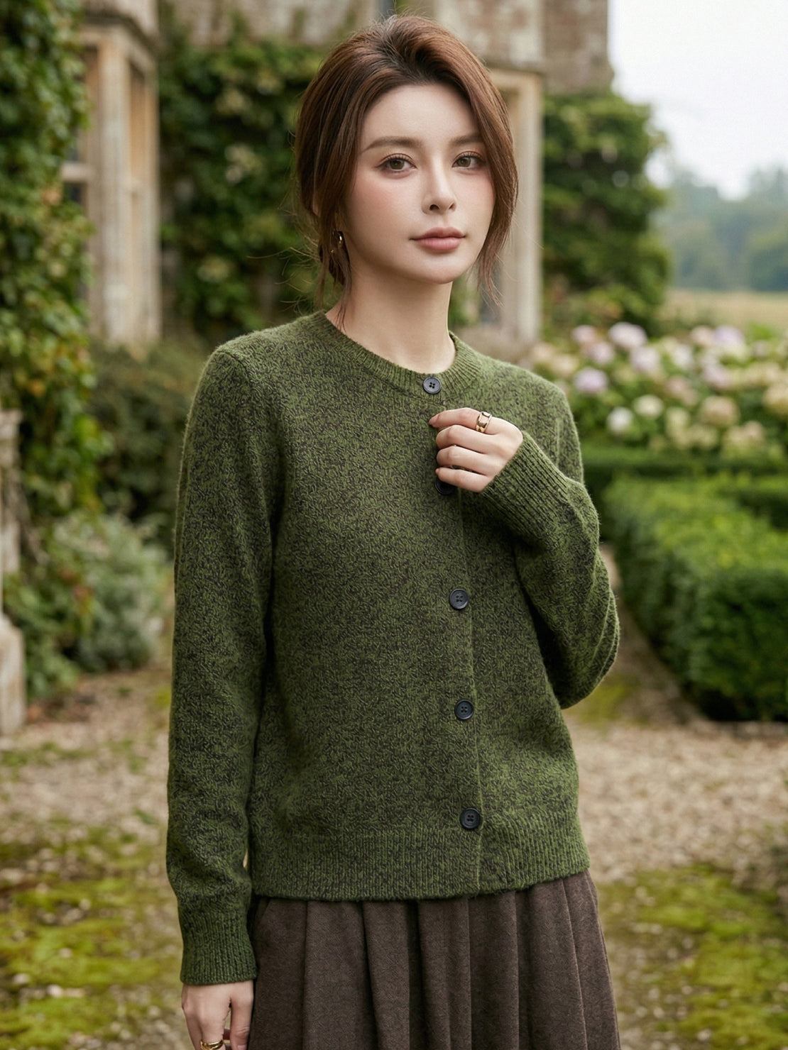 Marled knit merino wool cardigan with button front and ribbed cuffs, cozy and breathable layering sweater