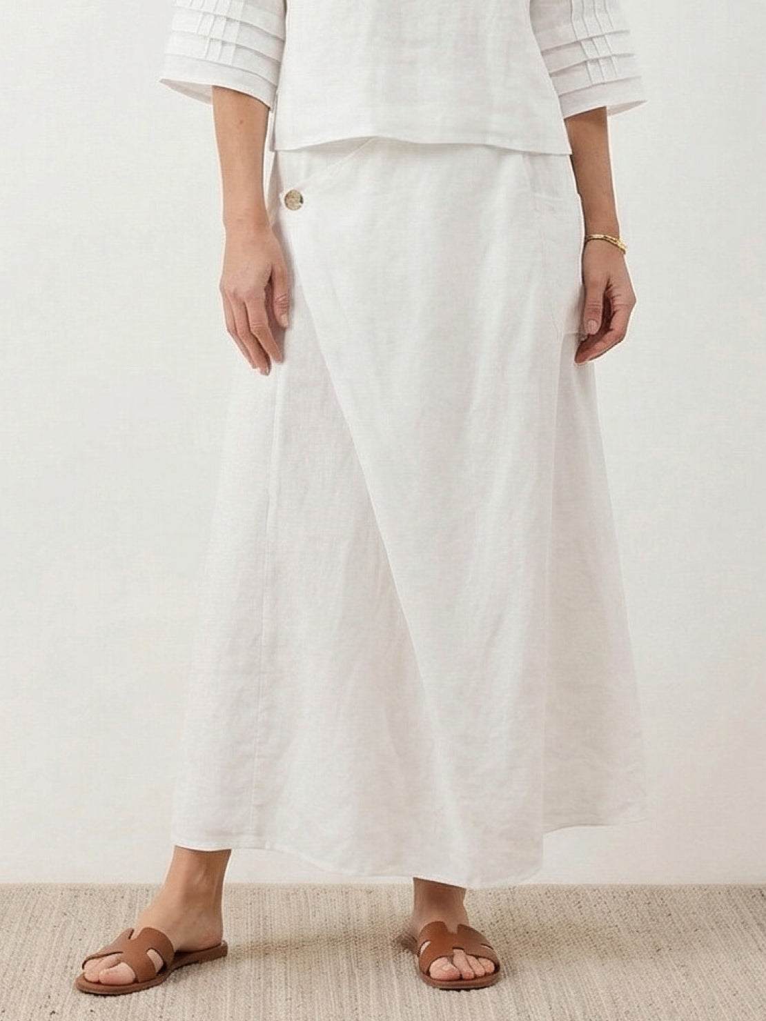 Two-piece 100% cotton wrap-front maxi skirt and hip-length top set with crinkle texture and elastic waistband
