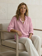 Lightweight cotton popover blouse with relaxed fit and crinkle texture