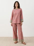100% cotton Chinese Pankou pajamas set with tunic top and wide-leg pants in bold landscape print