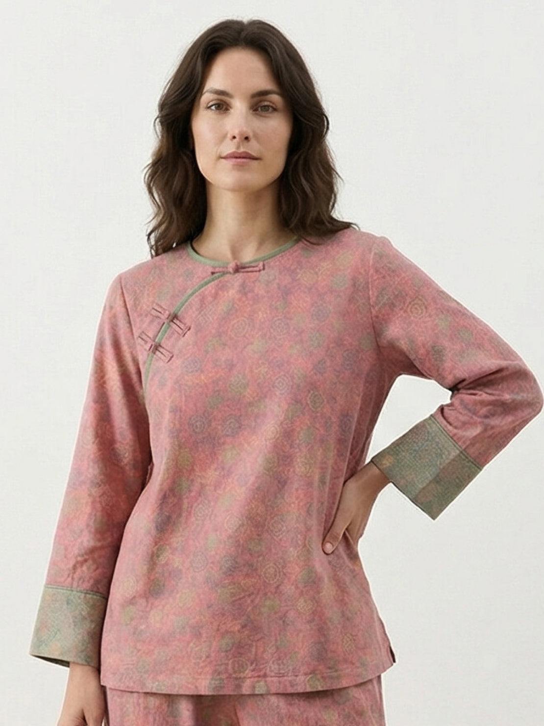 100% cotton Chinese Pankou pajamas set with tunic top and wide-leg pants