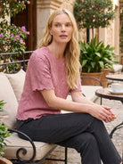 Floral Jacquard Pleated Top with 3D floral texture, flutter sleeves, and relaxed A-line silhouette