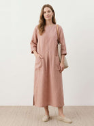 100% linen loose A-line maxi dress with 3/4 sleeves and hip pockets