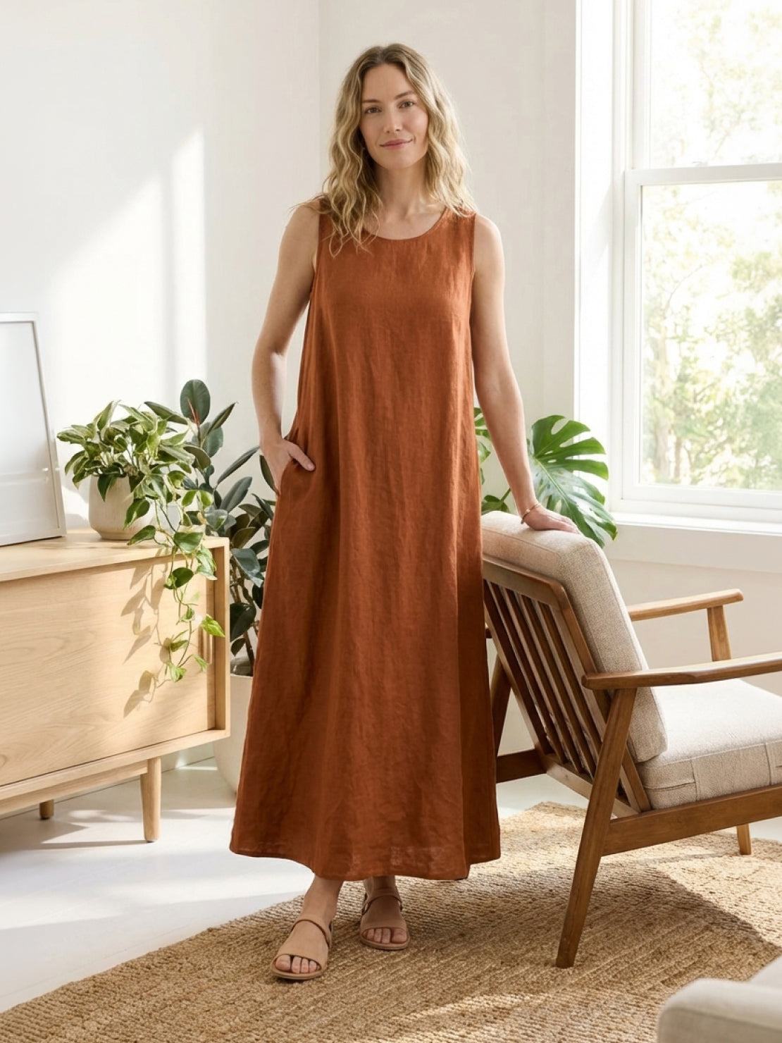 Lightweight cotton linen sleeveless maxi dress with round neckline and loose ankle-length fit