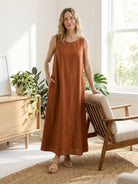 Lightweight cotton linen sleeveless maxi dress with round neckline and loose ankle-length fit