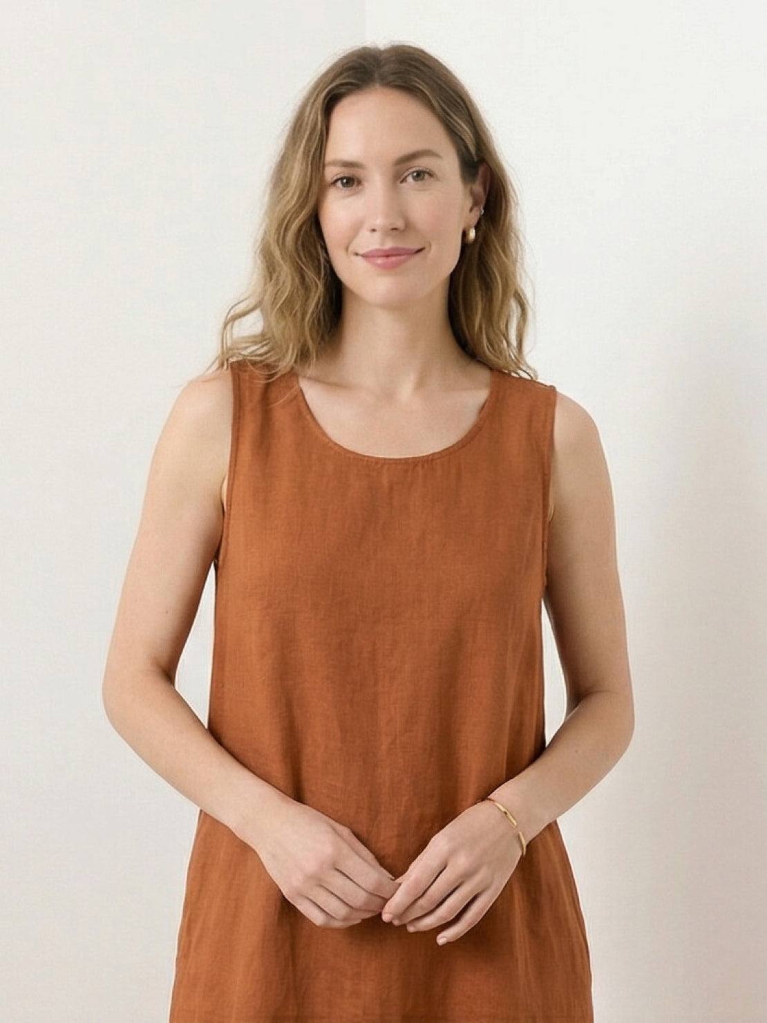 Lightweight cotton linen sleeveless maxi dress with round neckline and flowing ankle-length silhouette