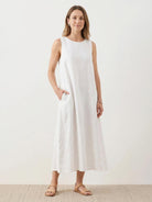 Lightweight cotton linen sleeveless maxi dress with round neckline and loose ankle-length silhouette