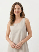 Lightweight cotton linen sleeveless maxi dress with round neckline and flowing ankle-length silhouette