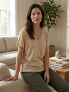 Linen-Bamboo V-Neck Tee with deep V-neck, short sleeves, and breathable relaxed fit