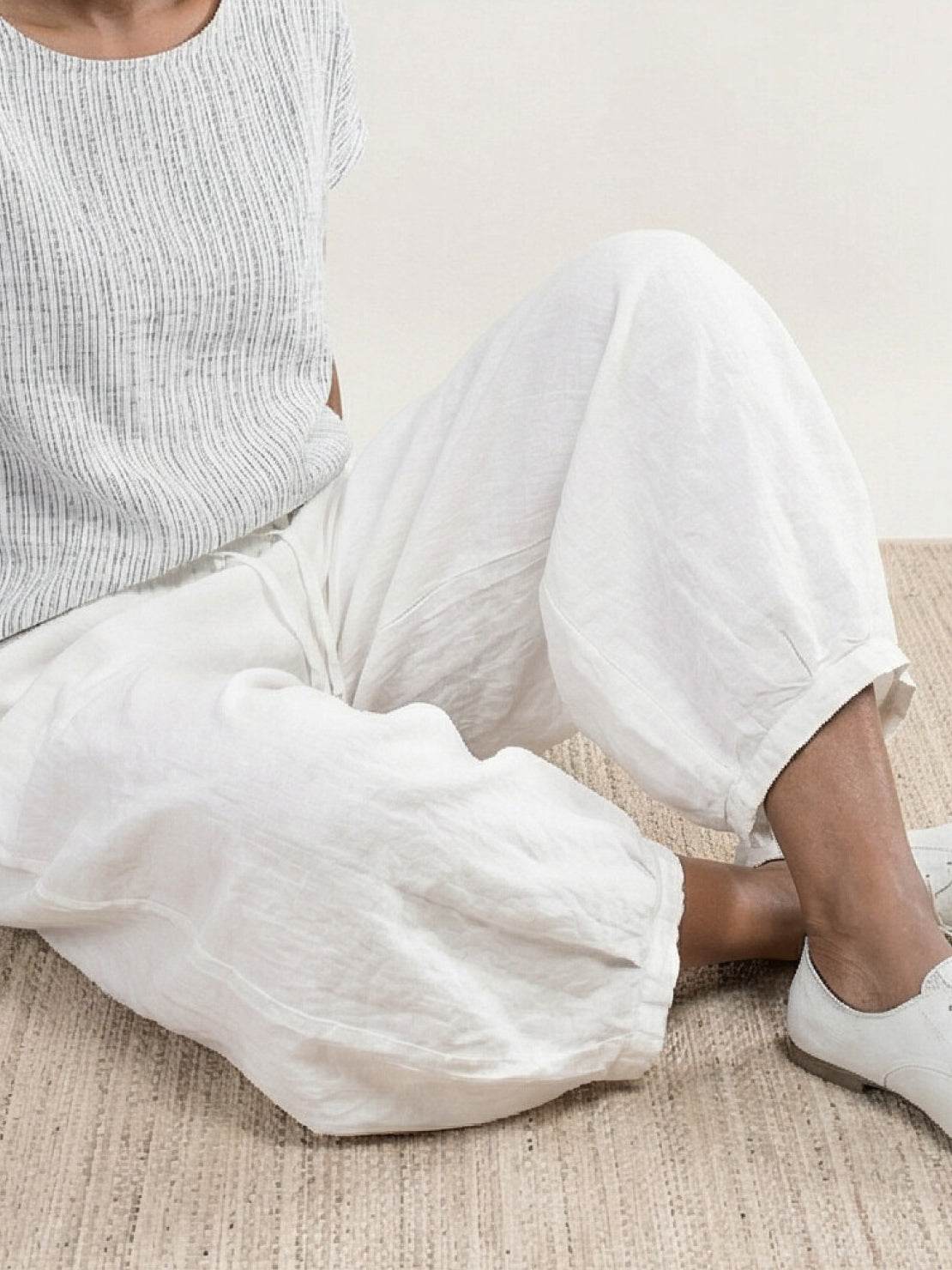 Lightweight 100% linen harem balloon pants with elastic drawstring waistband and natural crinkle texture