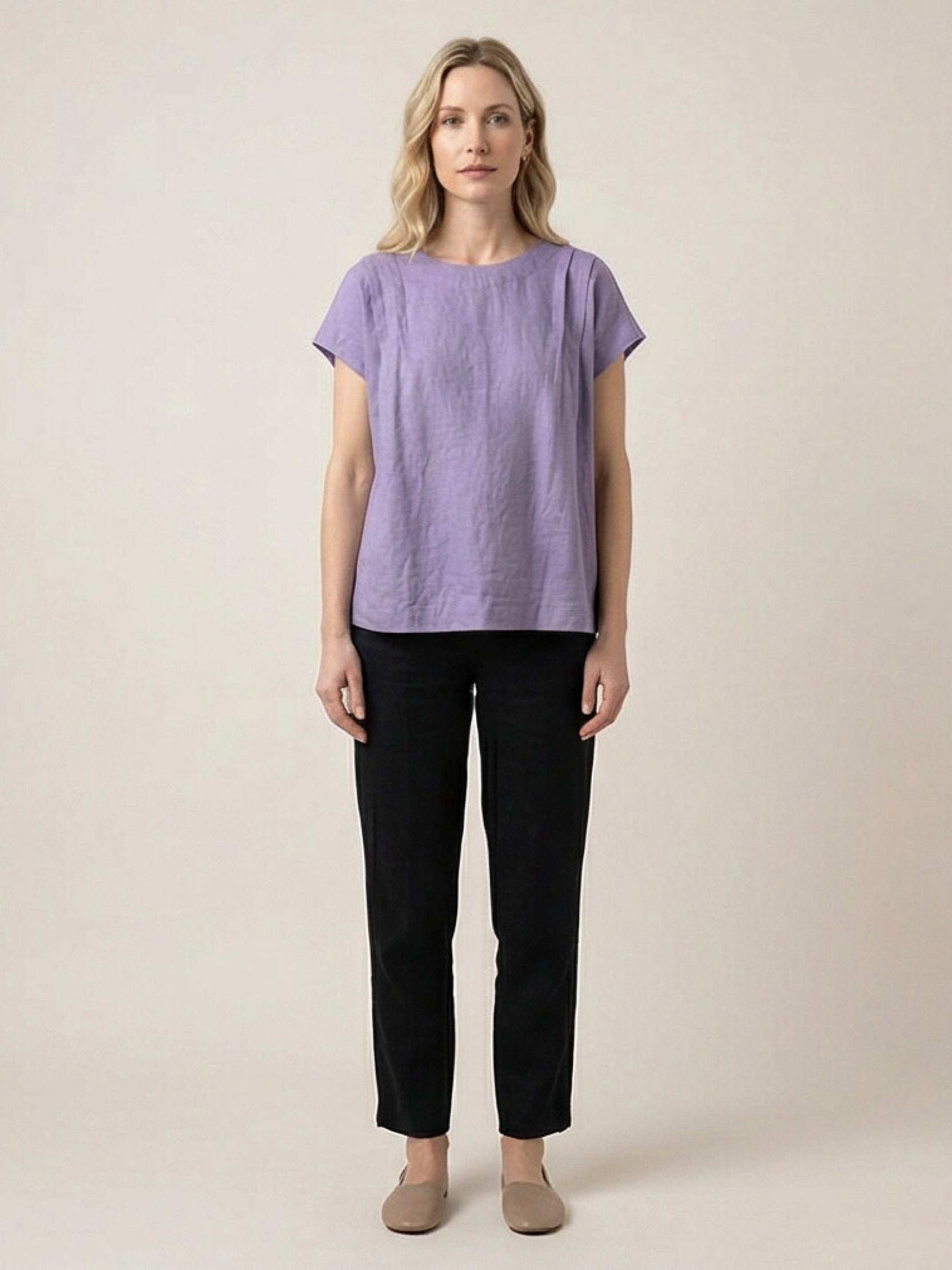 100% linen boxy cap-sleeve top with round scoop neck and hip-length hem