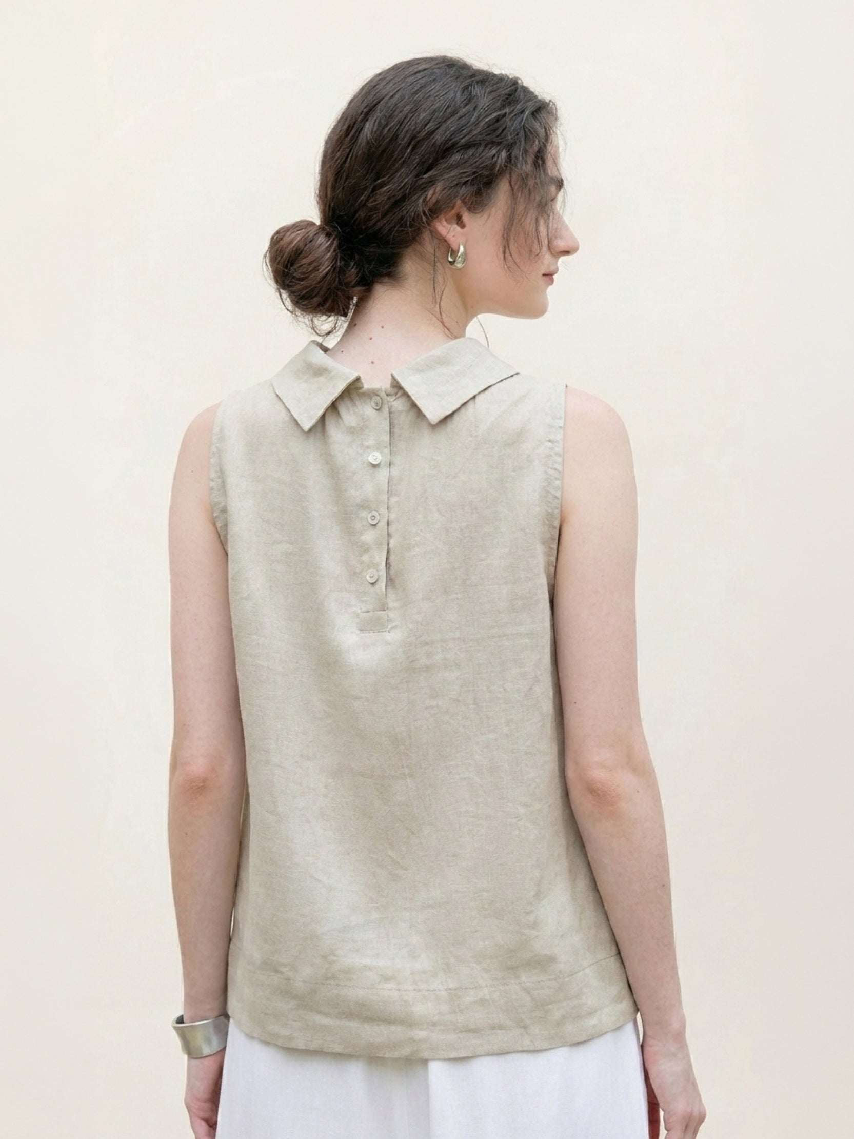 100% linen sleeveless cowl-collar top with boxy silhouette and natural crinkle texture