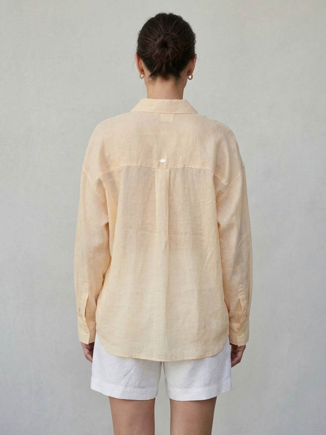 100% linen sheer overshirt with oversized fit, classic collar, and breathable lightweight fabric