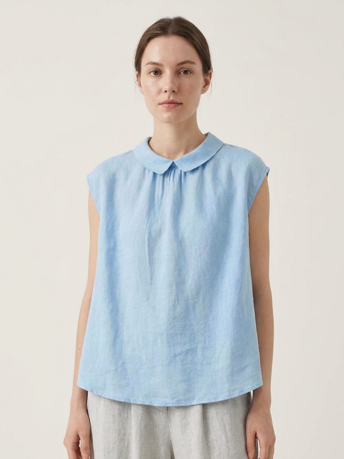 White 100% linen two-way button blouse with Peter Pan collar and cap sleeves