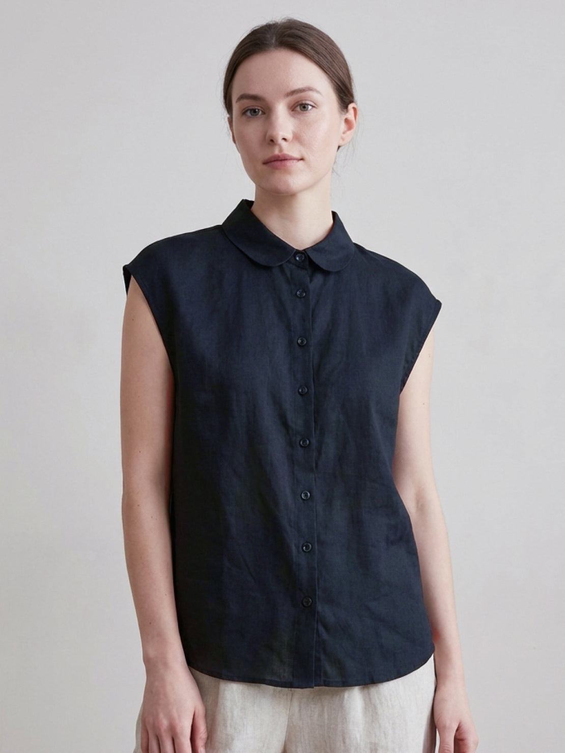 100% linen two-way button blouse with rounded collar and cap sleeves