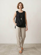 Lightweight 100% cotton linen sleeveless top with curved hem and chest pocket