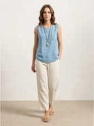 Lightweight 100% cotton linen sleeveless top with chest pocket and curved hem