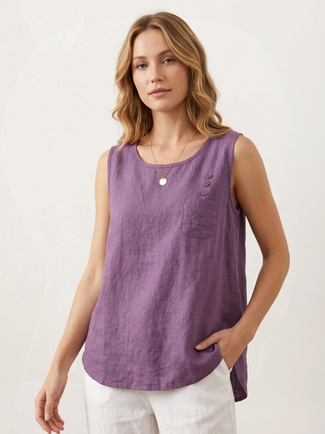 Lightweight cotton linen sleeveless top with curved hem and chest pocket
