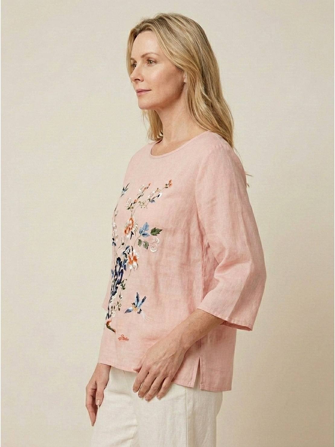 Lightweight 100% cotton-linen hand-embroidered shirt with 3/4 flared sleeves and asymmetric hem