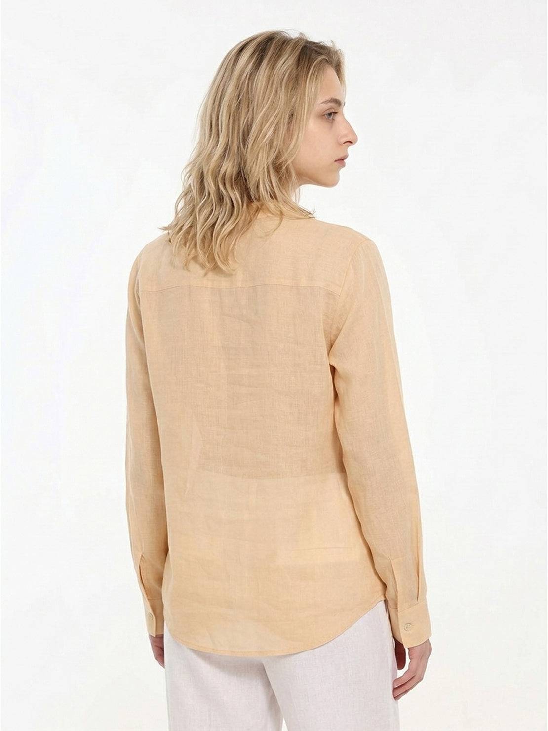 Lightweight 100% linen relaxed fit V-neck shirt with long sleeves and wide cuffs