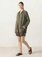 Linen-cotton striped shirt with tassel trim and relaxed fit