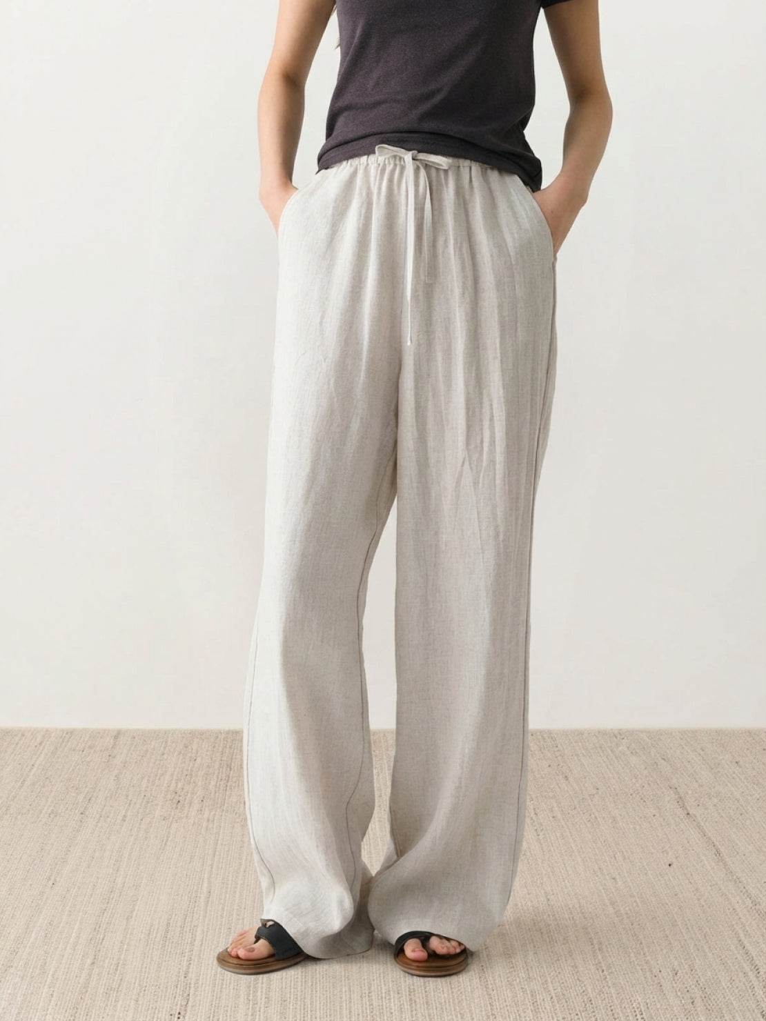 100% linen wide-leg pants with high-rise elastic waistband and front drawstring tie