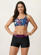 Three-piece criss-cross back tankini set with printed sports bra and boy shorts