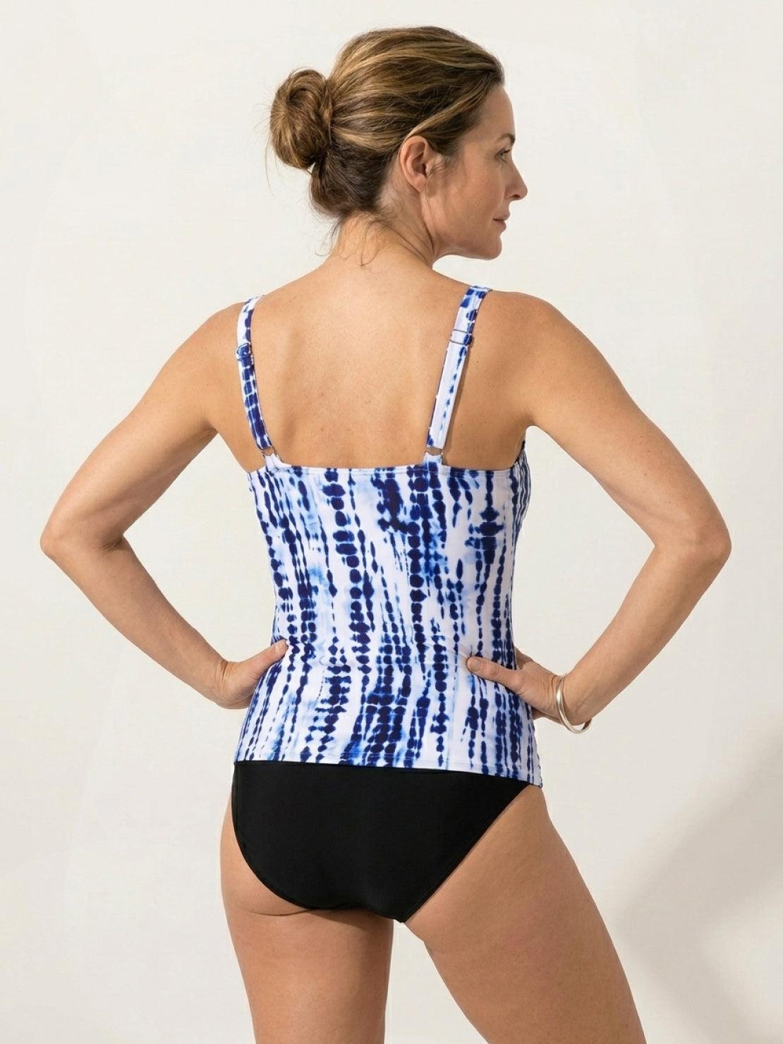 Black adjustable ruched tankini set with scoop neckline and moderate coverage bikini bottoms