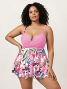 Tropical crossover skirted one-piece swimsuit with deep-V solid top and floral high-waist skirted bottom