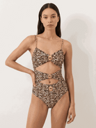 Gold-detail cutout one-piece swimsuit with ruched panels and midi wrap skirt beachwear set