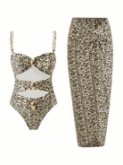 Gold-detail cutout one-piece swimsuit with ruched panels and midi wrap skirt for beachwear