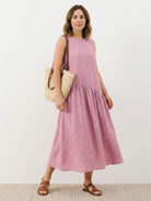 Lightweight cotton-linen summer midi dress with tiered skirt and round neckline in relaxed fit