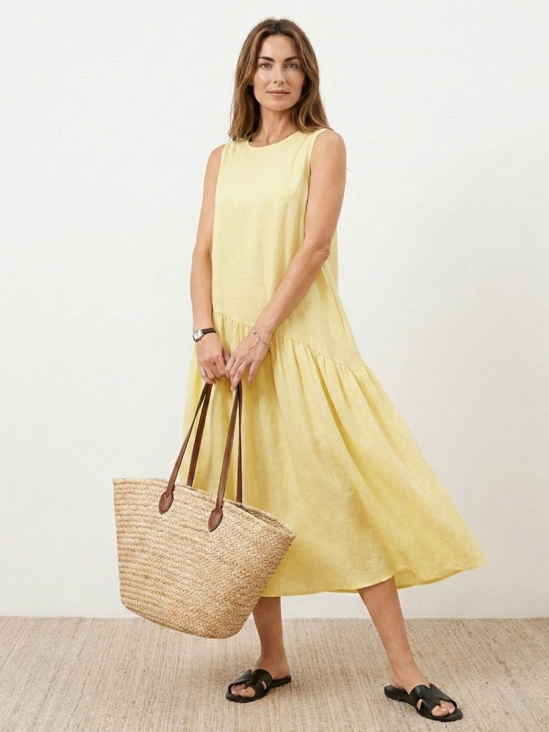 Lightweight cotton-linen summer midi dress with tiered skirt and round neckline in relaxed fit