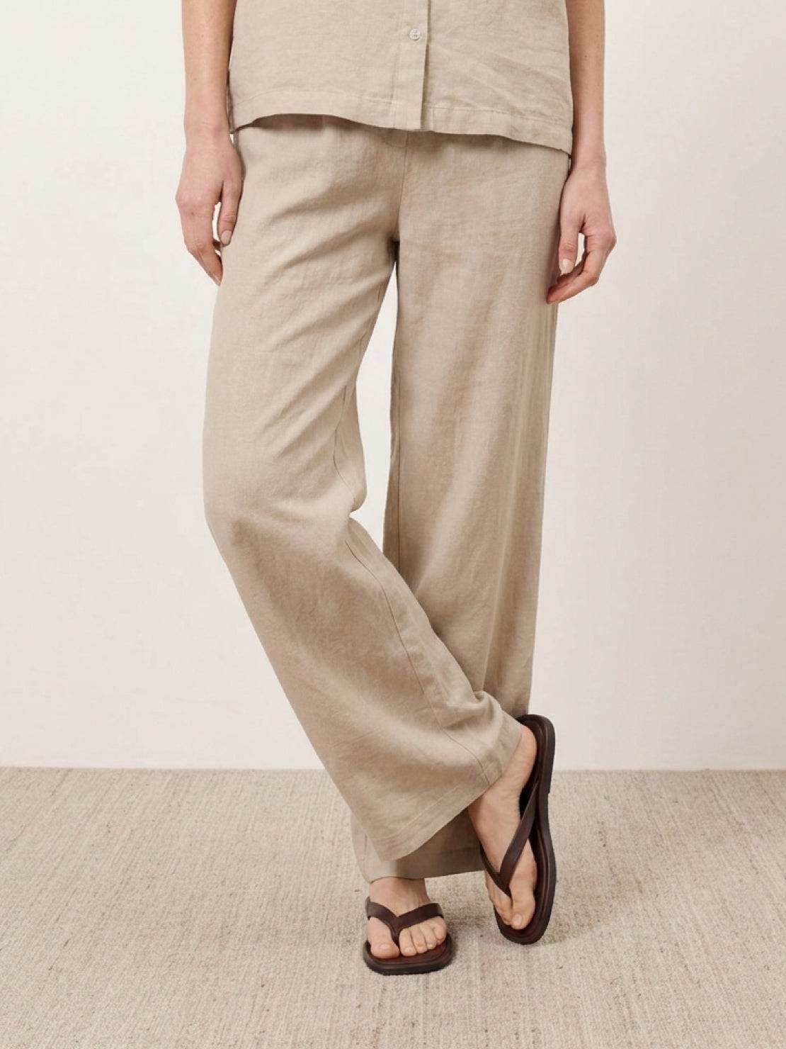 women's 100% cotton two-piece set with button-front top and wide-leg pants in soft solid colors