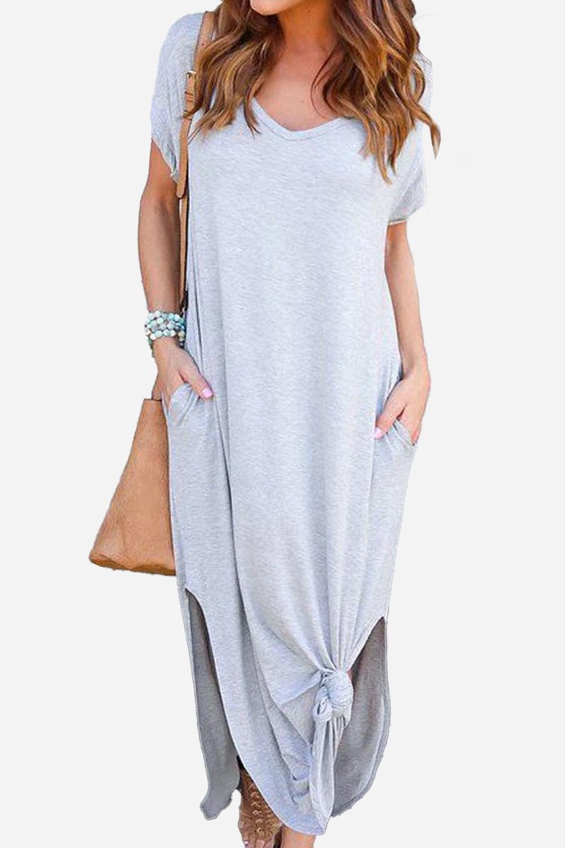 Gray side slit maxi dress with pockets and v-neck, casual relaxed fit, cotton blend fabric.