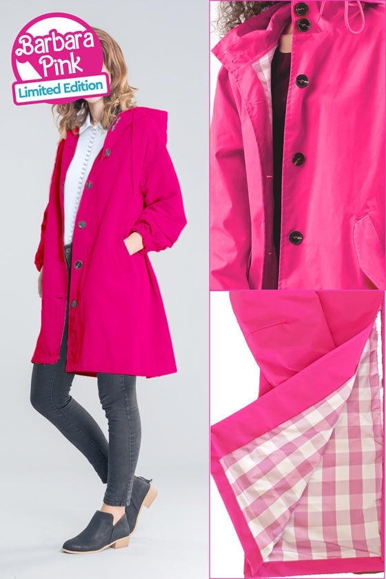 Water Resistant Oversized Windbreaker in bright pink with button closure and checkered inner lining