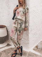 woman wearing cotton-linen monochrome relaxed longline top and wide-leg pants set
