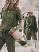 Cotton-linen set with relaxed short-sleeve top and straight-leg pants in soft breathable fabric