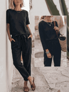 Cotton-linen two-piece set in monochrome with relaxed short-sleeve top and straight-leg pants