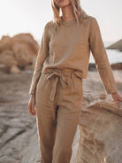 Woman wearing relaxed cotton-linen monochrome longline top and wide-leg pants set