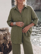 Woman wearing oversized 100% cotton shirt and wide-leg pants co-ord set in relaxed fit