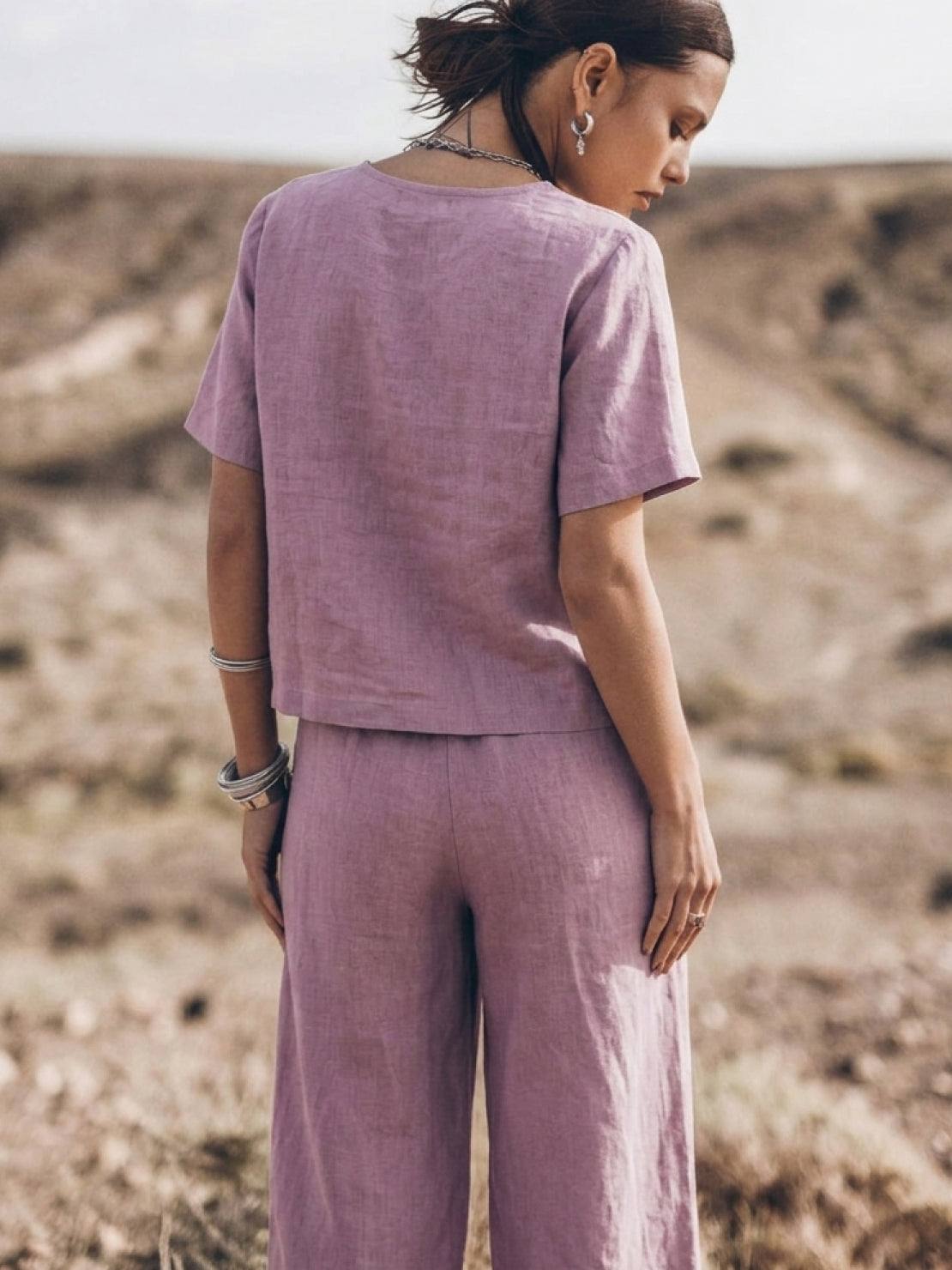 Lightweight loose fit co-ord set with soft-tailored top and wide-leg bottoms in breathable cotton fabric