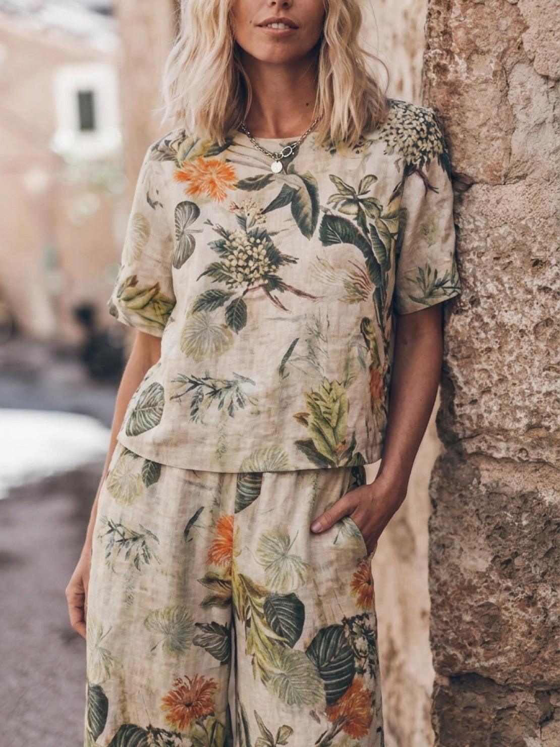 Loose fit co-ord set with soft-tailored top and wide-leg cotton bottoms in light beige