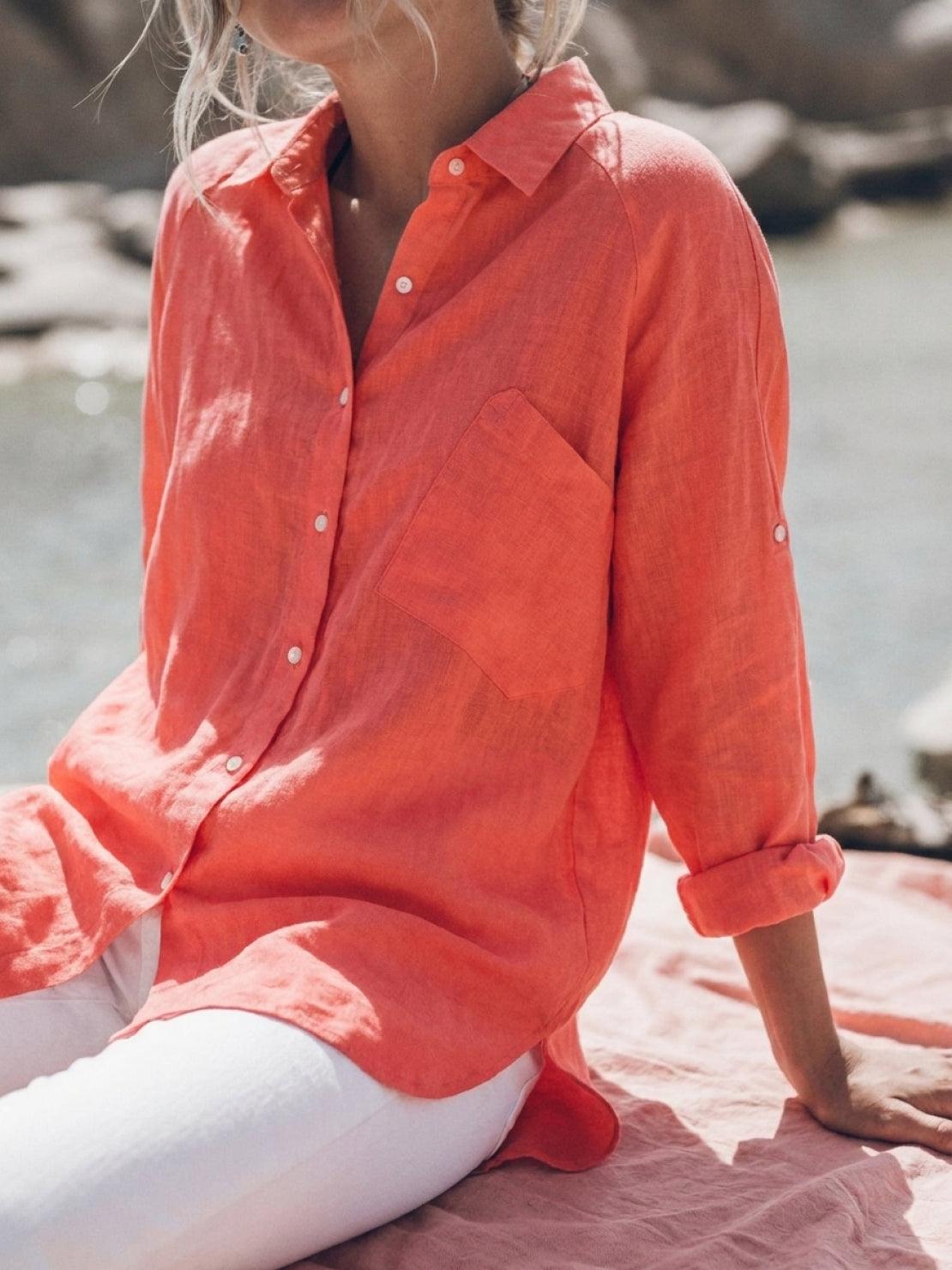 Oversized relaxed fit 100% cotton linen shirt with dropped shoulders and back pleat detail