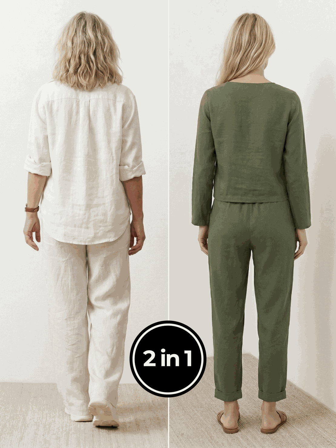Two women wearing Casual Chic Duo breathable cotton and linen two-piece sets in relaxed, mix-and-match styles