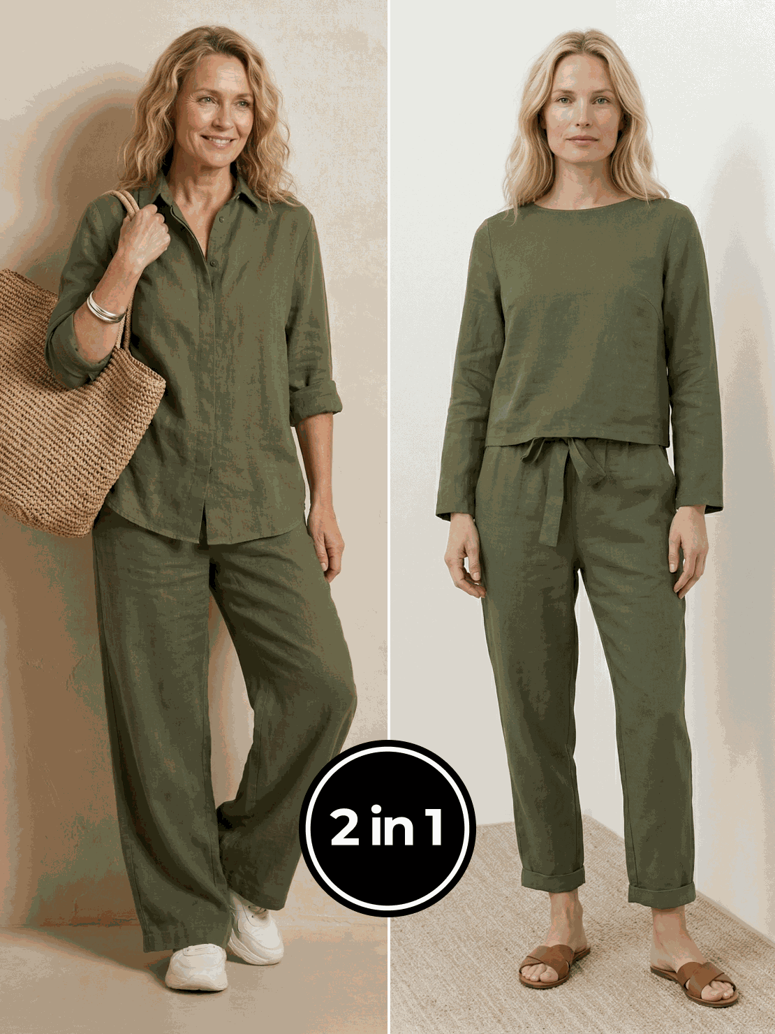 Two women modeling Casual Chic Duo breathable cotton and linen two-piece sets, mix and match outfits for effortless style