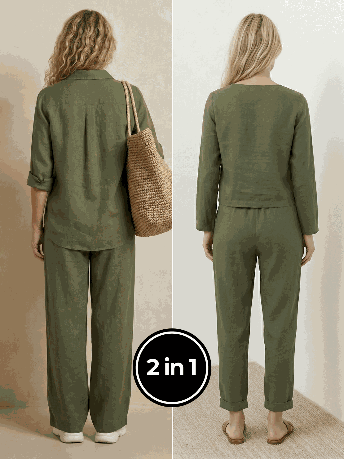 Two women modeling breathable Casual Chic Duo two-piece shirt and trousers sets in natural fabrics, styled for mix and match versatility.