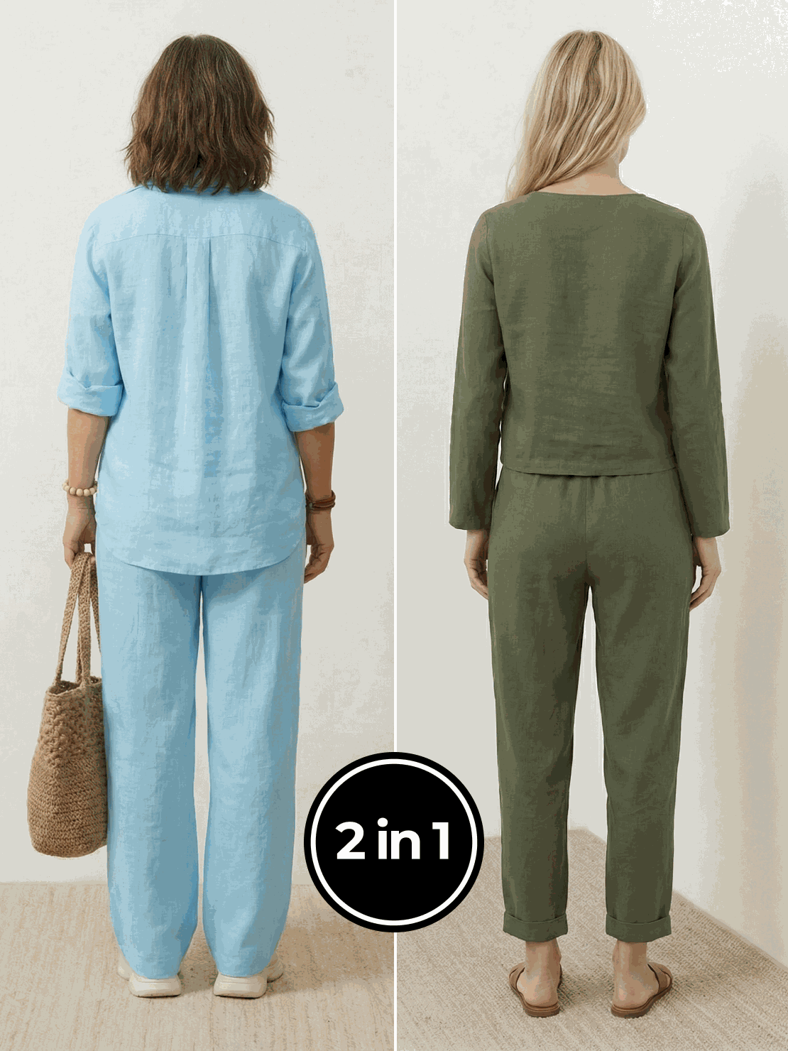 Two women modeling Casual Chic Duo breathable cotton and linen two-piece outfit sets